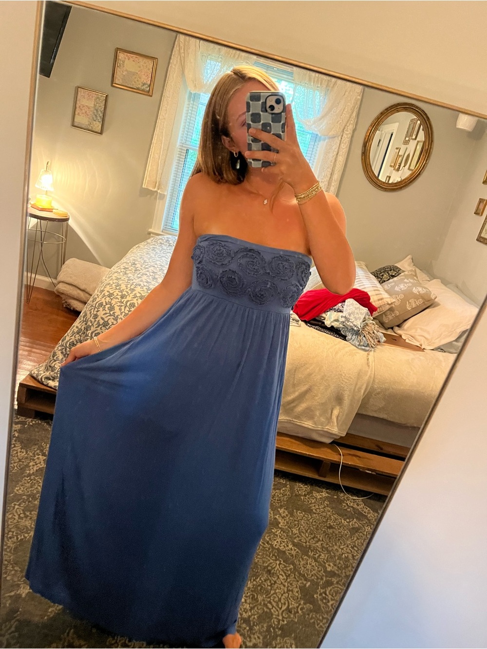 Strapless Blue Maxi Dress with Rosette Bodice